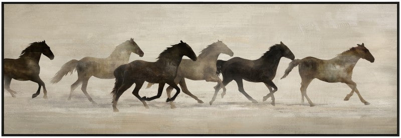 Panoramic galloping horse in warm earthy tones on a wide landscape painted panel framed on timber