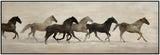 Panoramic galloping horse in warm earthy tones on a wide landscape painted panel framed on timber