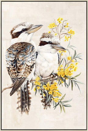 Bird perched among golden wattle sprays in warm tones on a portrait painted panel framed on timber