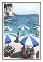 Warm coastal poolside scene in golden tones on a portrait painted panel framed on timber, companion piece