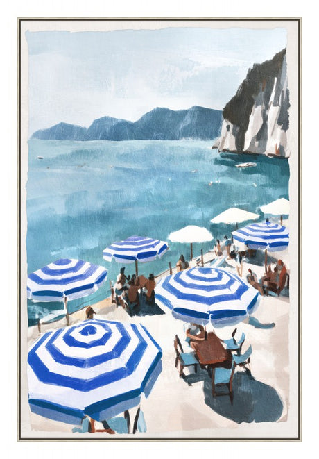 Holiday sun lounge framed wall art, Design B, 120 cm tall multicolour artwork in an MDF frame