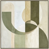 Mosaic geometric composition in rich jewel tones on a square painted panel framed on timber