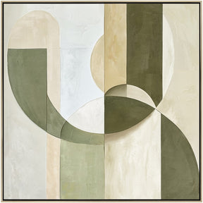 Mosaic geometric composition in rich jewel tones on a square painted panel framed on timber