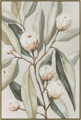 Gumnut botanical study in warm ochre and amber tones on a portrait canvas framed on timber