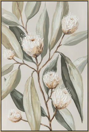 Gumnut botanical study in warm ochre and amber tones on a portrait canvas framed on timber