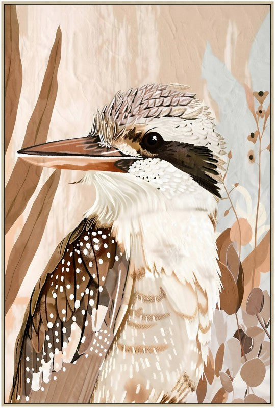 Warm earthy bird study in ochre and rust tones on a portrait canvas framed on timber