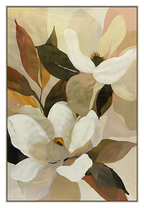 Soft magnolia blossom in cream and blush tones on a portrait canvas framed on timber for a bedroom