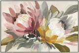 Two protea blooms in blush pink and terracotta tones on a wide landscape canvas framed on timber