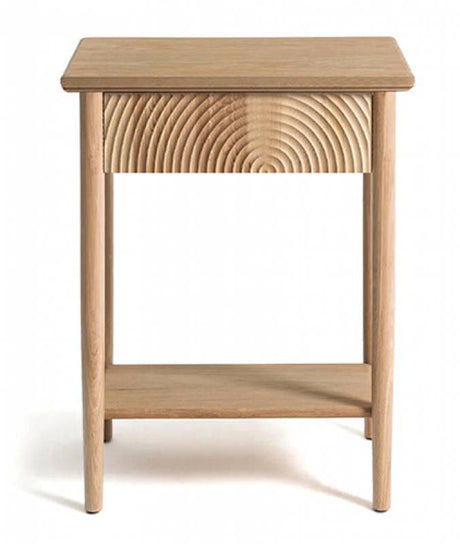 Serpa natural wood bedside table with drawer storage in a bedroom