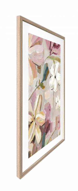 Close view of the floral print detail and glass front behind the moulded PU frame