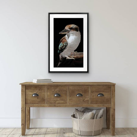 Edge view showing the slim 3 cm depth of the framed kookaburra wall art