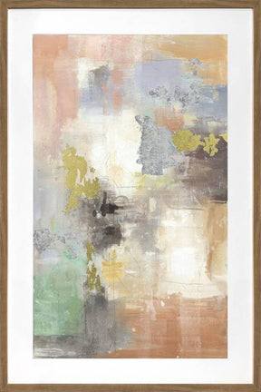 Bold abstract composition with fluid colourful forms framed behind a glass front in a PU frame