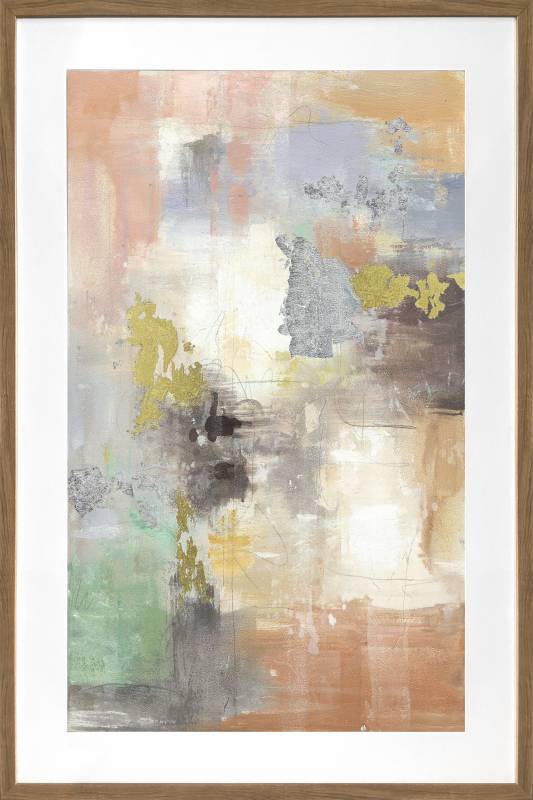 Bold abstract composition with fluid colourful forms framed behind a glass front in a PU frame