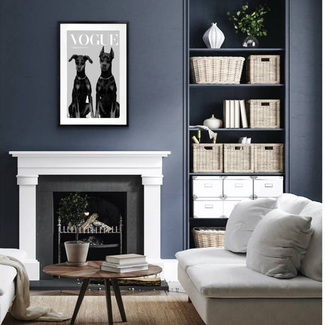 Luxury dog framed wall art shown hung on a wall in a styled interior