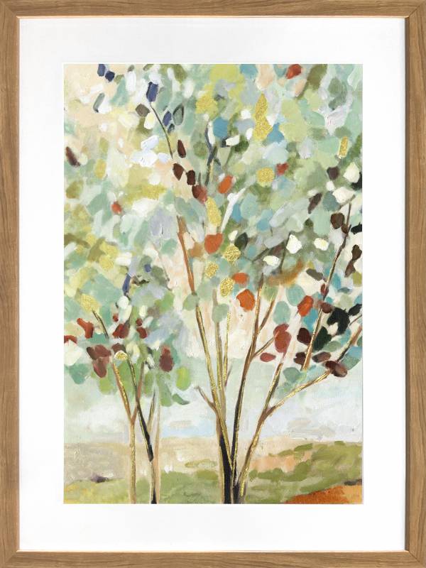 Summer tree print in warm golden tones behind glass in a slim frame