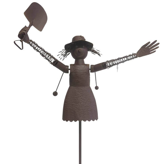 Metal scarecrow girl garden figure in brown finish