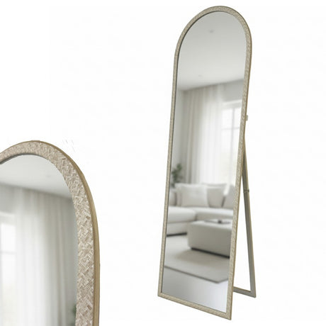 Anglesea travertine look free standing cheval mirror in a dressing room