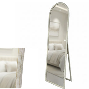 Bells Beach travertine look cheval floor mirror in a modern bedroom