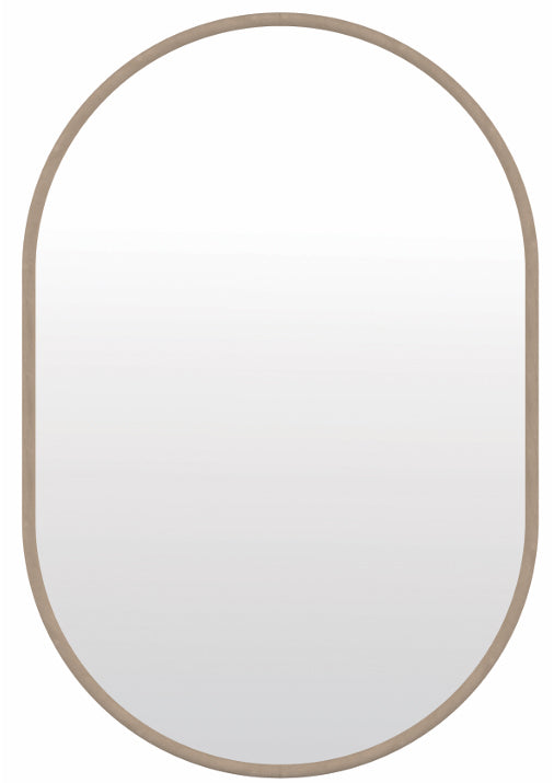 Torquay travertine look oval wall mirror in a modern bedroom