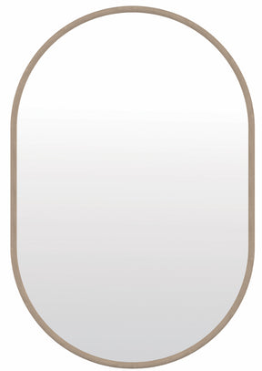 Torquay travertine look oval wall mirror in a modern bedroom