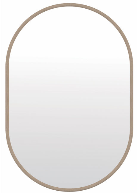 Torquay travertine look oval wall mirror in a modern bedroom