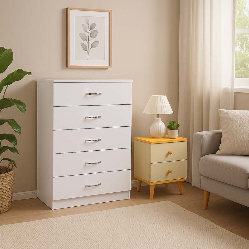 NNECN 5-Drawer White Storage Chest with Bedside Table — Allure Home Collections