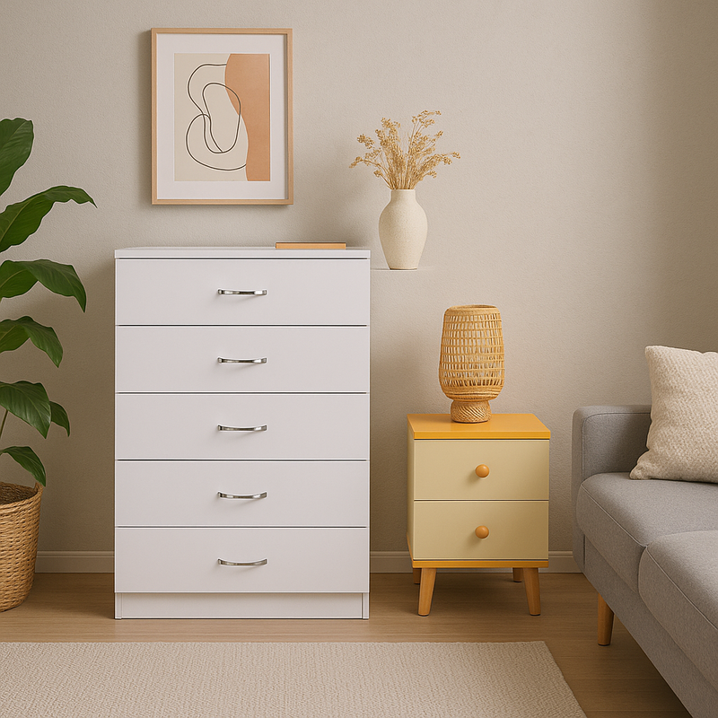 NNECN 5-Drawer White Storage Chest with Bedside Table — Allure Home Collections