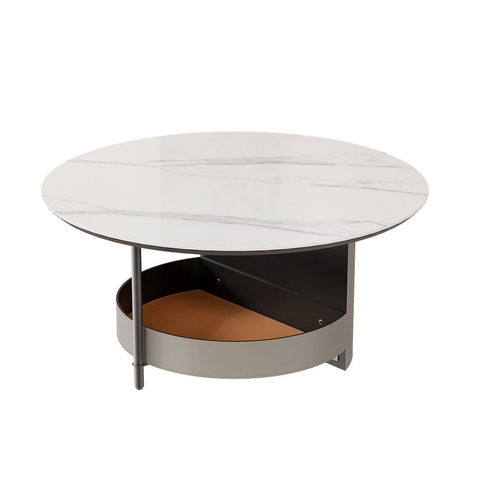 Hurstbridge white sintered stone and leather coffee table in a modern living room