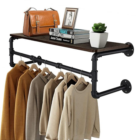 Drysdale Wall Mounted Pipe Clothes Rack with Shelf, Black