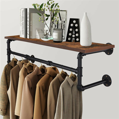 Drysdale Wall Mounted Pipe Clothes Rack with Shelf, Black