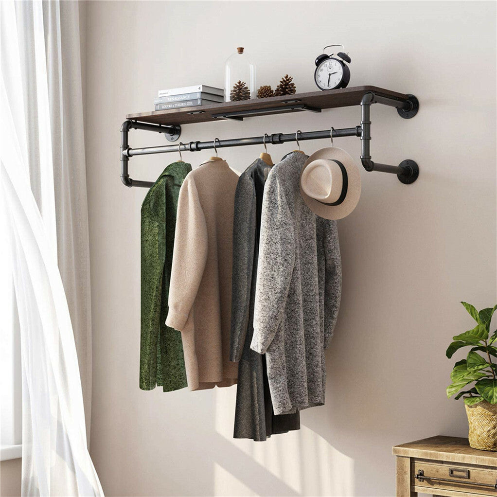 Drysdale Wall Mounted Pipe Clothes Rack with Shelf, Black