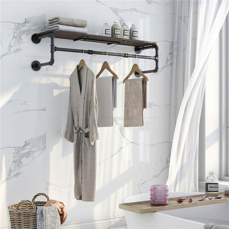 Drysdale Wall Mounted Pipe Clothes Rack with Shelf, Black