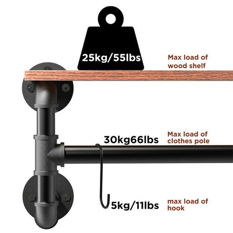 Drysdale Wall Mounted Pipe Clothes Rack with Shelf, Black