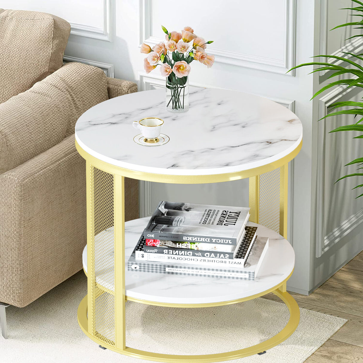Beveridge white marble and gold marble coffee table in a modern living room