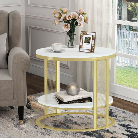 Beveridge Round Coffee Table, White Marble and Gold