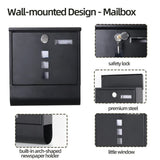 Black lockable mailbox with newspaper holder in use