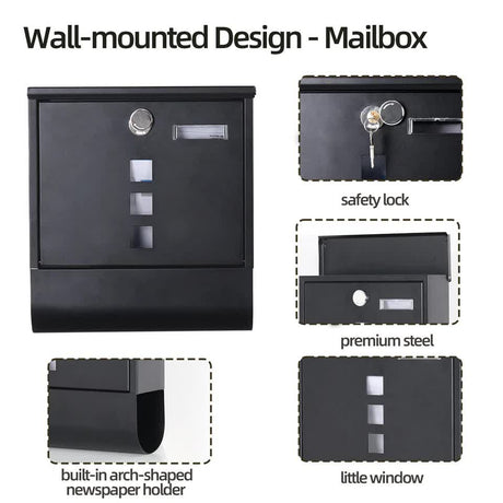Black lockable mailbox with newspaper holder in use