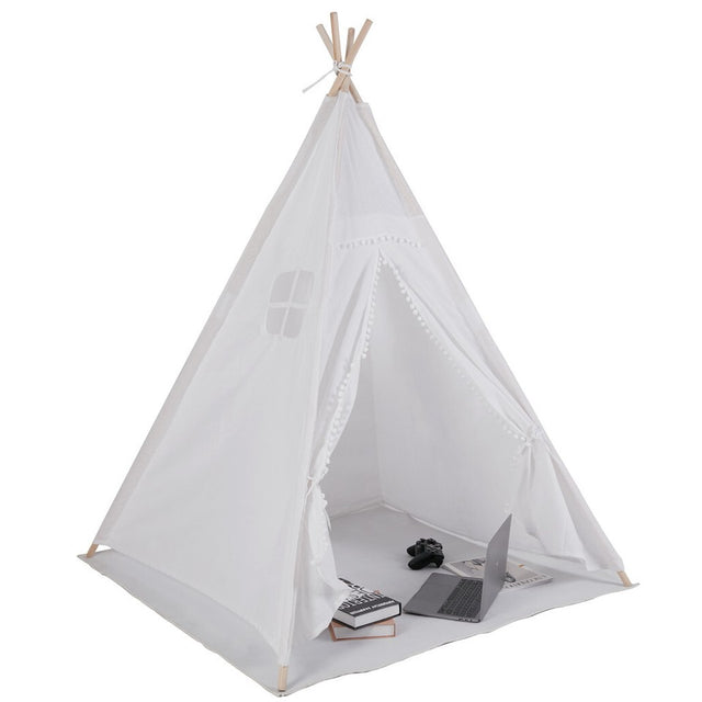 Pucon white kids teepee tent with linen walls and floor mat