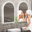 Arch LED bathroom vanity mirror with anti fog and time temperature display in matte white