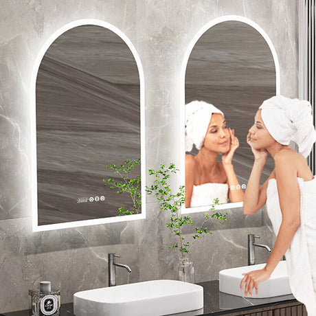 Arch LED bathroom vanity mirror with anti fog and time temperature display in matte white