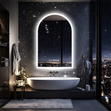 Arch LED bathroom vanity mirror with anti fog and time temperature display in matte white