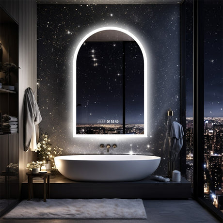 Arch LED bathroom vanity mirror with anti fog and time temperature display in matte white