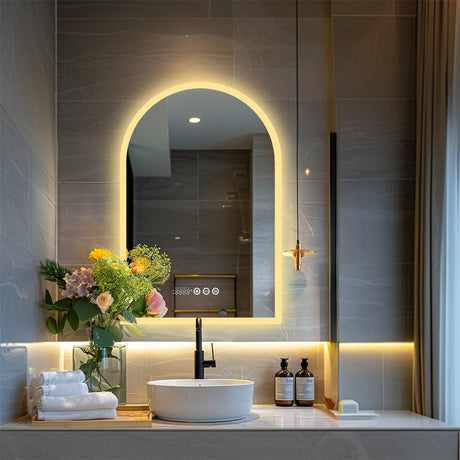 Arch LED bathroom vanity mirror with anti fog and time temperature display in matte white