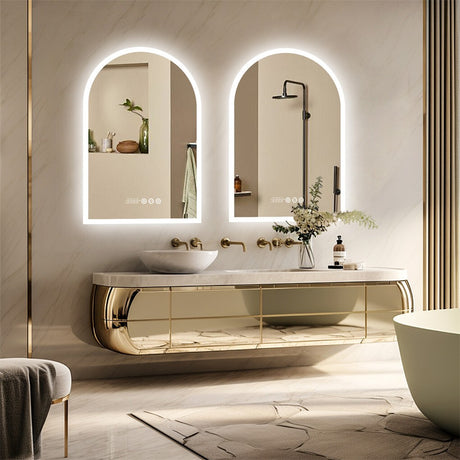 Arch LED bathroom vanity mirror with anti fog and time temperature display in matte white