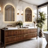 Arch LED bathroom vanity mirror with anti fog and time temperature display in matte white