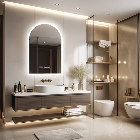 Arch LED bathroom vanity mirror with anti fog and time temperature display in matte white