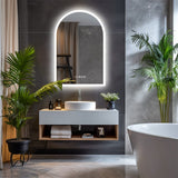 Arch LED bathroom vanity mirror with anti fog and time temperature display in matte white
