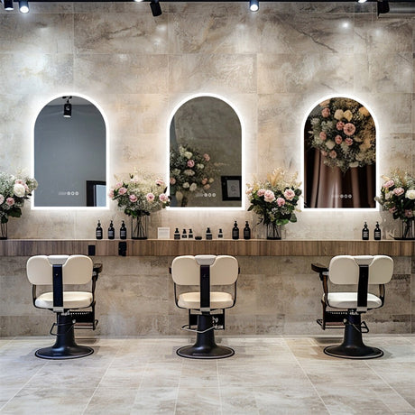Arch LED bathroom vanity mirror with anti fog and time temperature display in matte white