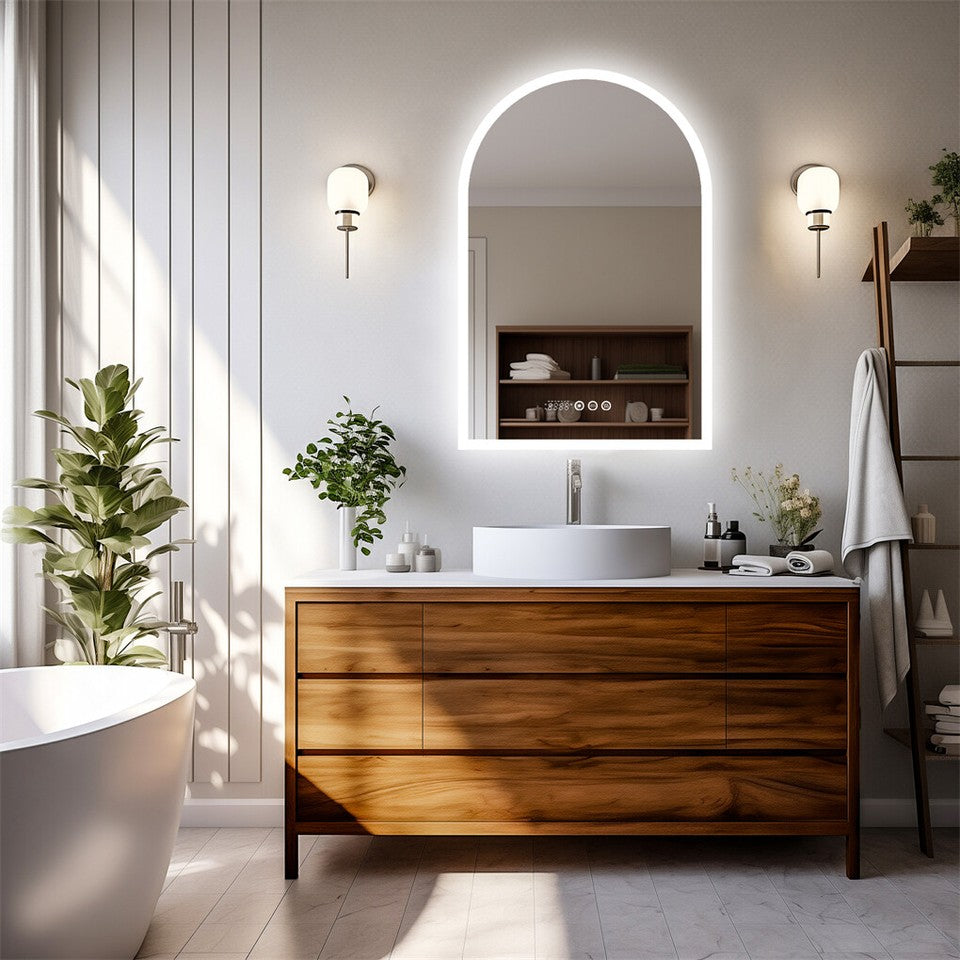 Arch LED bathroom vanity mirror with anti fog and time temperature display in matte white
