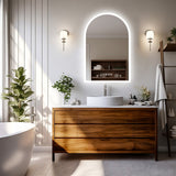 Arch LED bathroom vanity mirror with anti fog and time temperature display in matte white